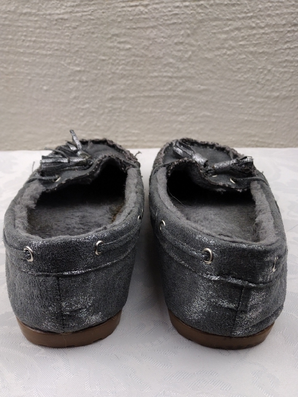 Madden Girl Literal Grey Metallic Fabric Tassel Upper Round Toe Moccasin Shoe - Picture 5 of 16